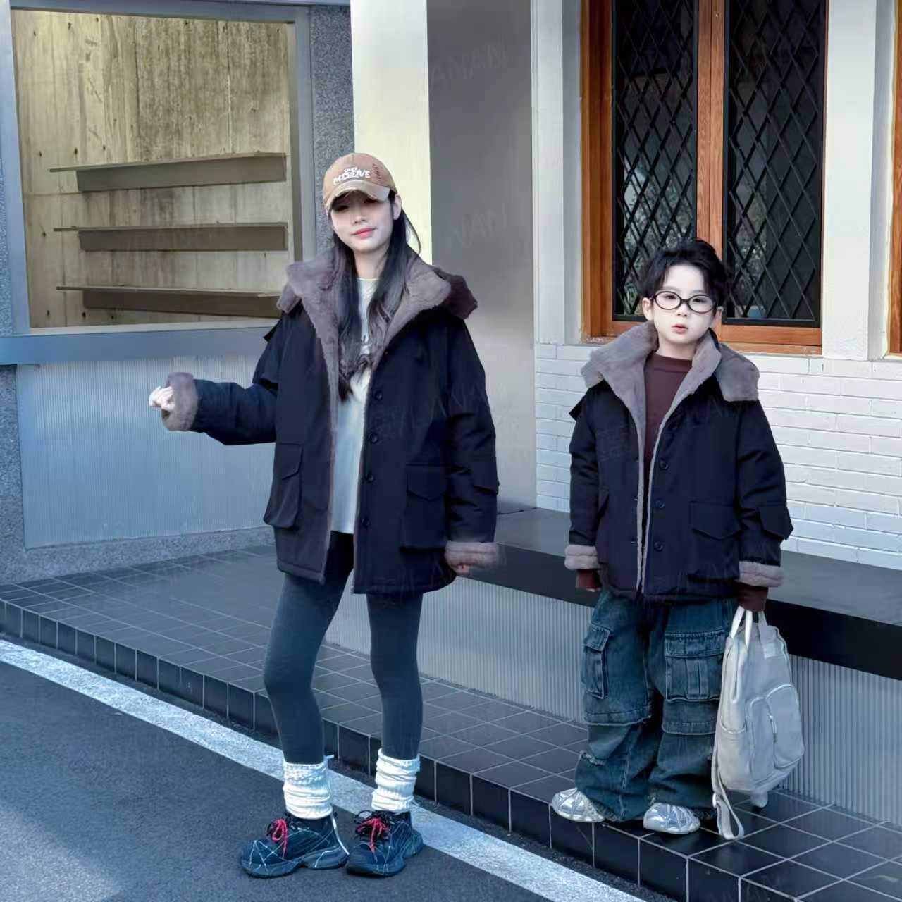 升级版亲子装连帽中长款加绒加厚韩版时尚秋冬冬季