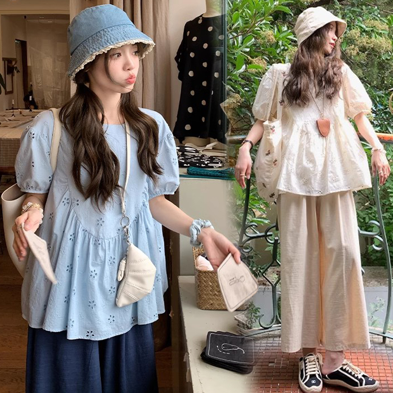 法式衬衫~孕妇2025年春夏新款短袖T恤减龄遮肚韩版泡泡袖圆领上衣