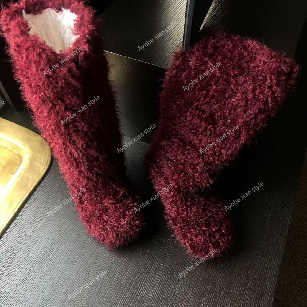 【AYOBE】小贤  时髦酒红毛绒保暖氛围感高筒靴内增高4cm穿搭单品