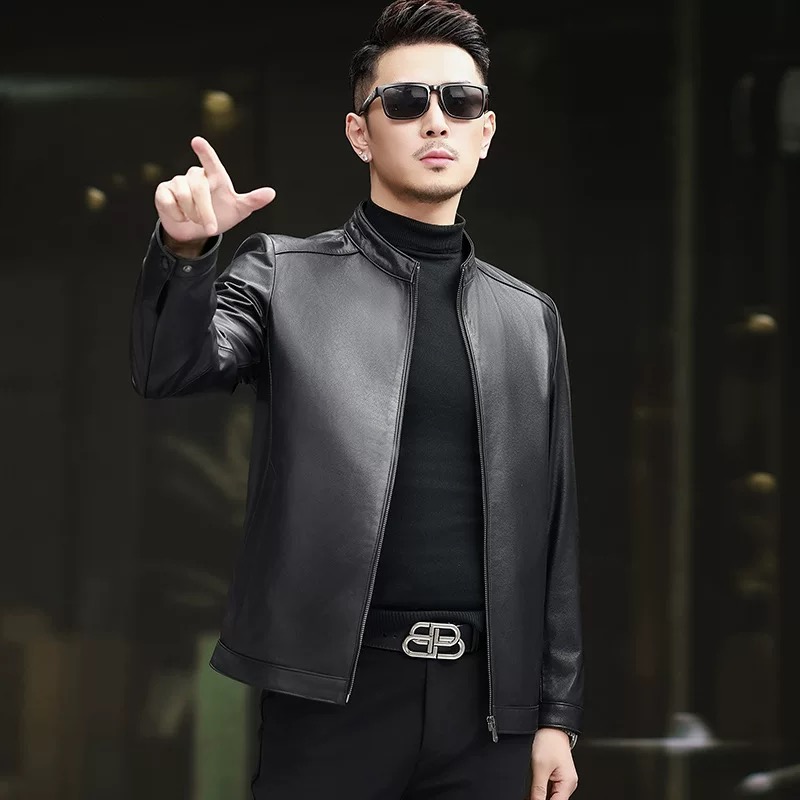 海宁新款机车皮衣男真皮皮衣立领修身短款头层牛皮商务休闲外套