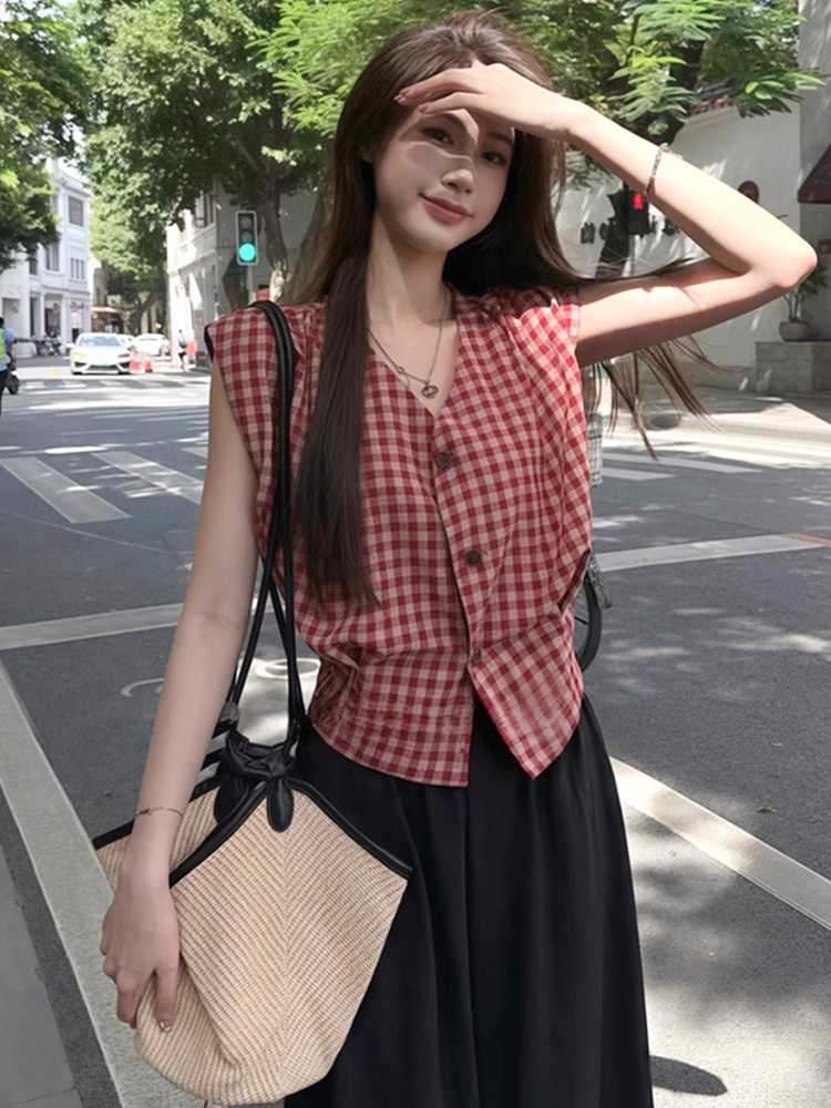 复古红色格子背心无袖衬衫女设计感小众夏季外穿2025新款掐腰上衣