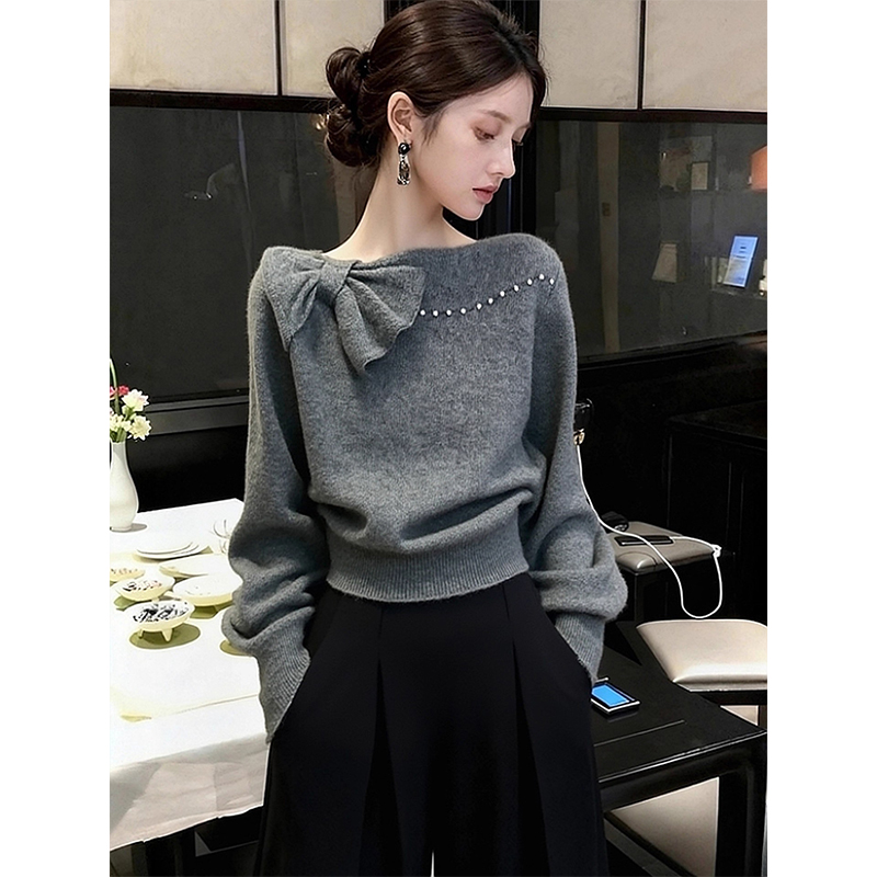 毛衣女款2025新款秋冬巨好看气质高端灰色蝴蝶结内搭针织衫上衣厚
