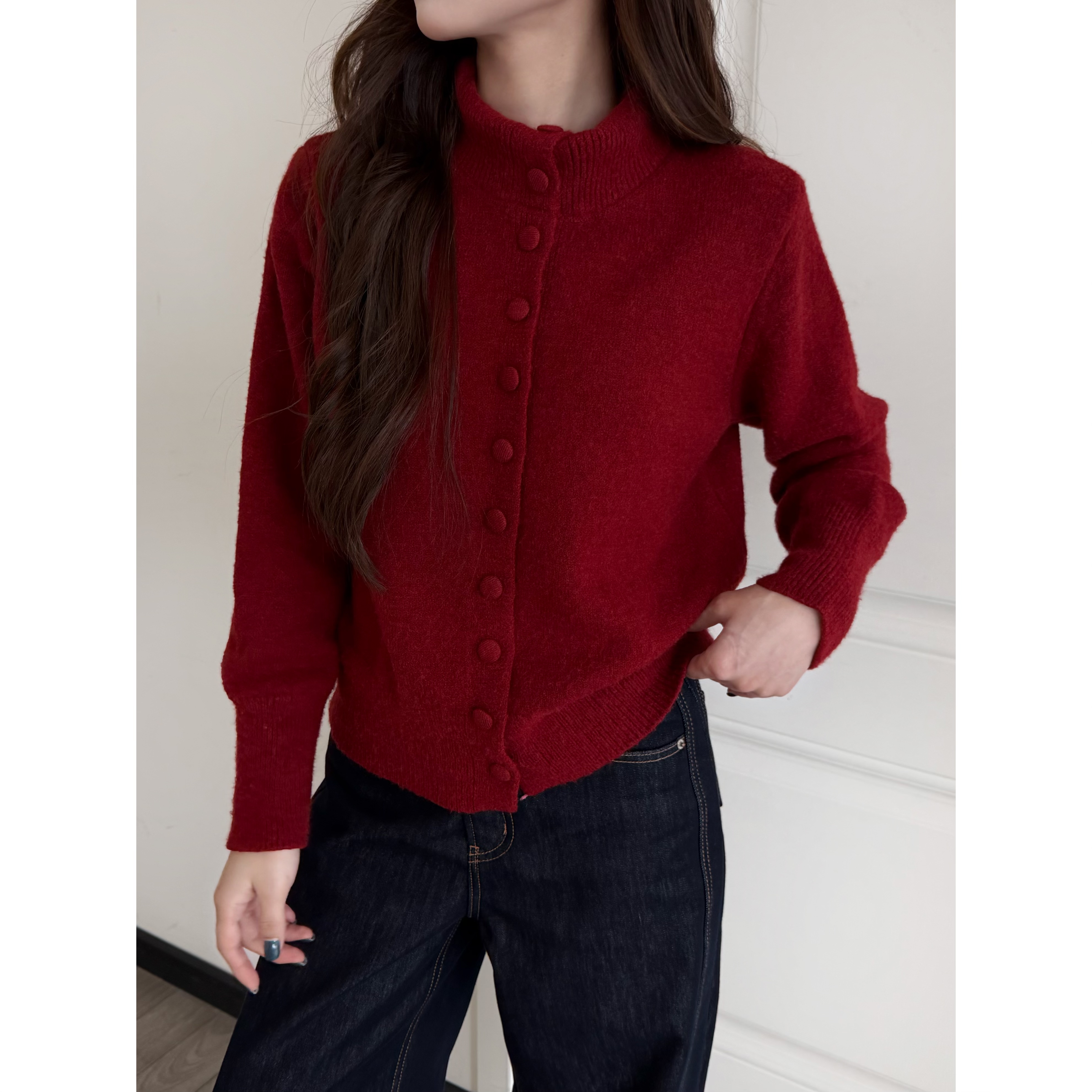 针织开衫女保暖百搭秋冬高领针织衫慵懒风高级感毛衣洋气高贵上衣