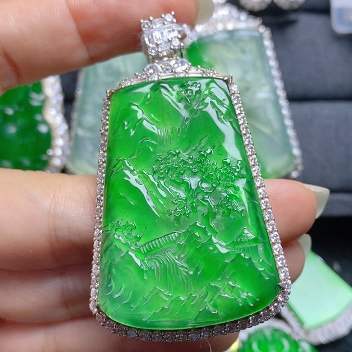 翡翠银S925镶嵌挂件山水牌