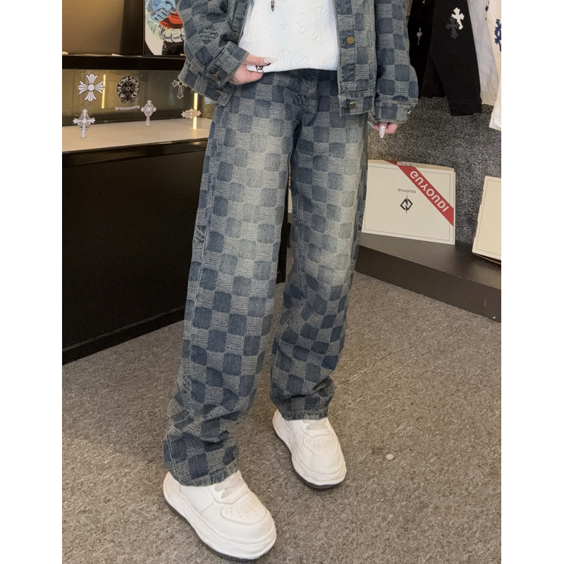 【甜甜专属】男格子牛仔裤子百搭轻奢长裤休闲宽松时尚个性 1012