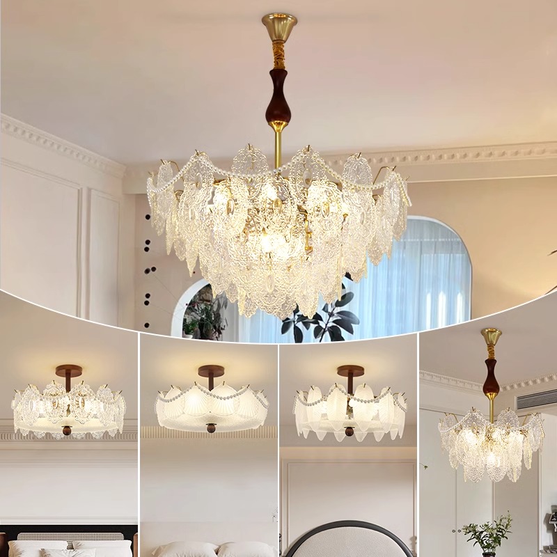 客厅灯吊灯胡桃木水晶玻璃中古风法式轻奢高级感大厅主灯全屋套餐