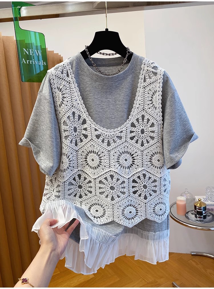 【勾花叠影】高级感蕾丝马甲加t恤两件套上衣女短袖2025新款遮屁股