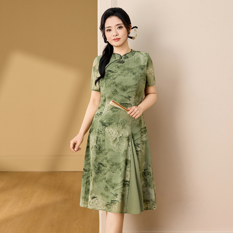 91138大码女装复古改良旗袍2025夏季胖mm显瘦印花新中式连衣裙
