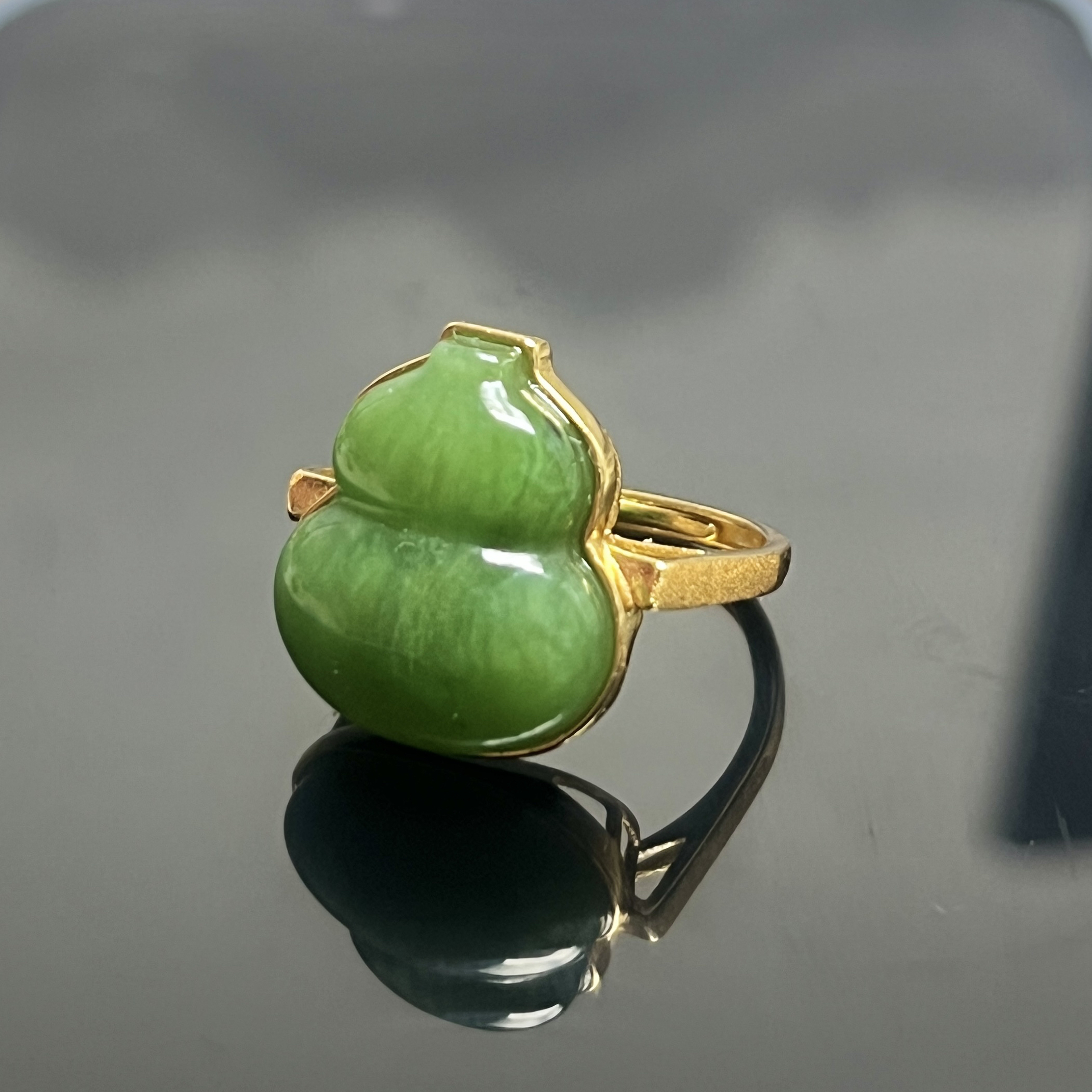 和田玉碧玉宽版葫芦戒指天然保真老坑料福气大号满绿款镶嵌S925银