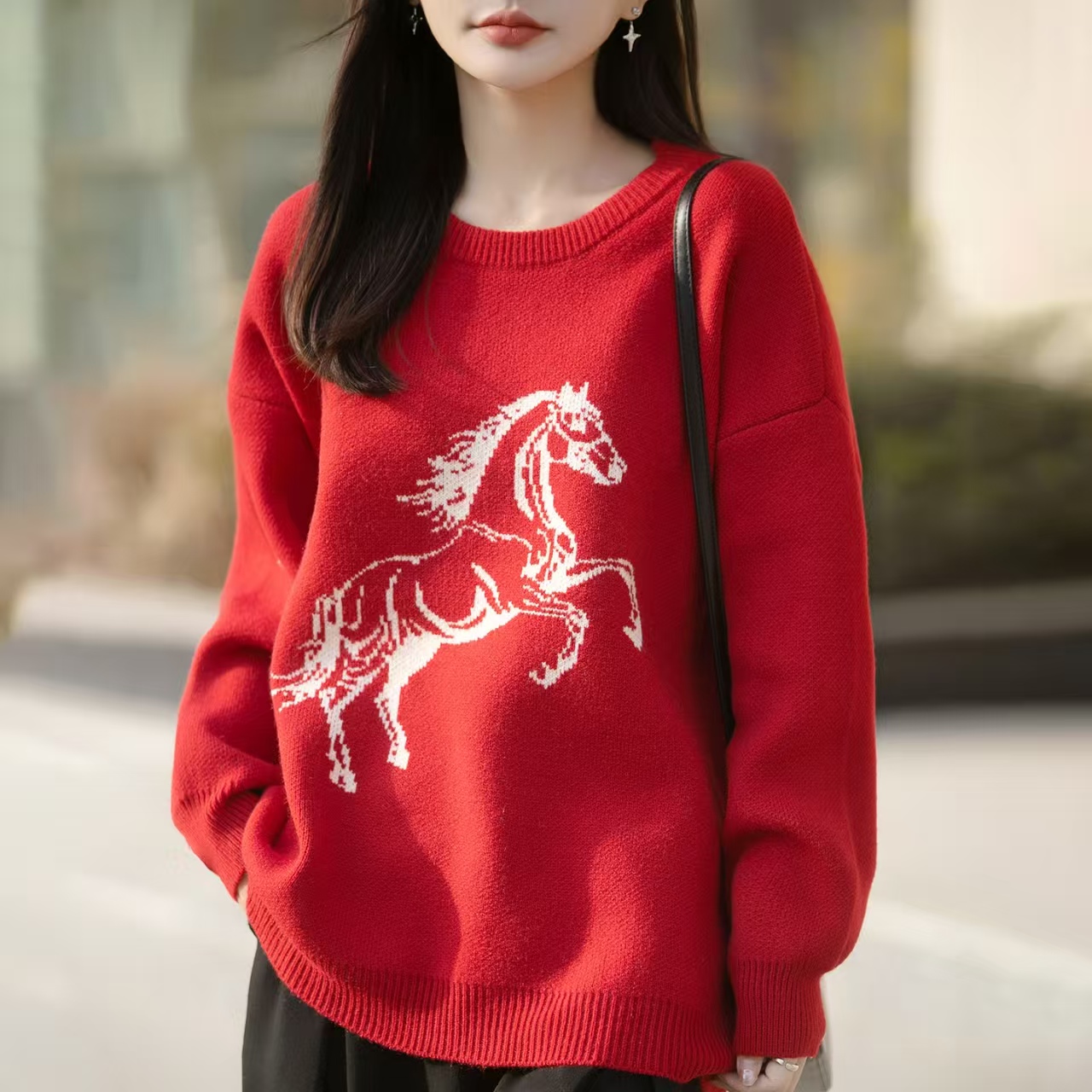 马年女红色小马女款毛衣毛针织衫圆领针织衫上衣针织j-864-1