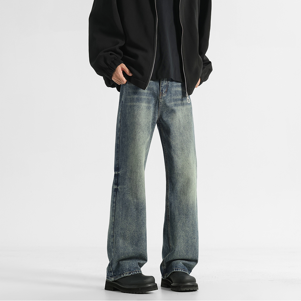 美式高街复古牛仔裤男款秋冬宽松直筒微喇vibe裤子潮牌痞帅阔腿裤