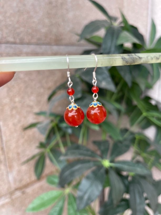 新中式国风时来运转高端大气红玛瑙银勾耳环圆珠百搭