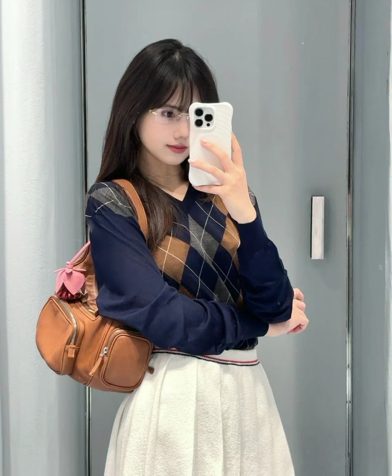 刺绣棋盘格不缩水针织女拼色女装V领针织衫常规-69113