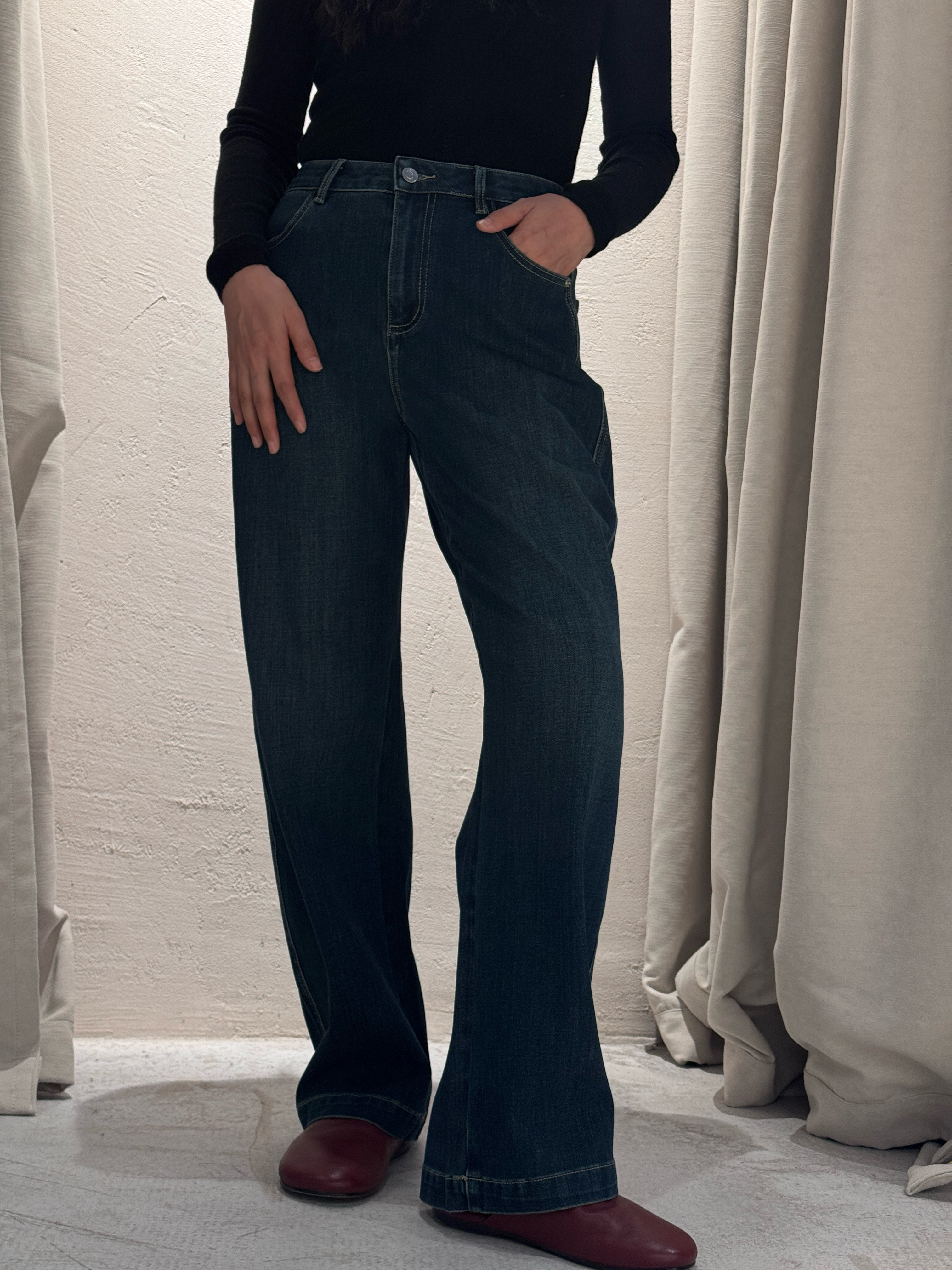 四面弹长裤中高腰牛仔裤宽松慵懒休闲风