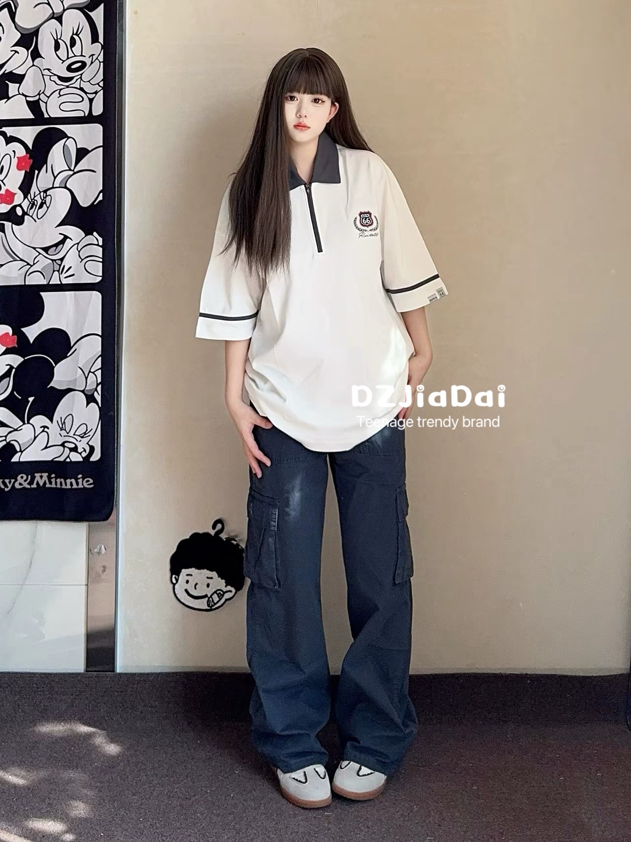 青春活力纽扣小众夏季撞色拉链休闲Polo衫短袖复古