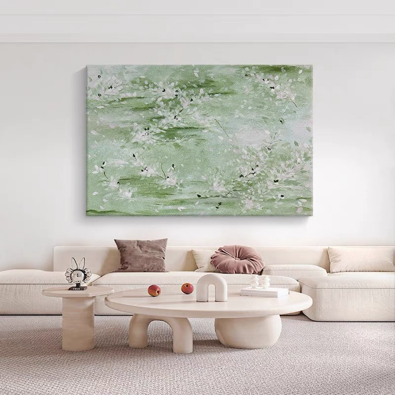 手绘油画【春茶】绿意盎然小众质感画客厅沙发餐厅横幅厚肌理艺术画