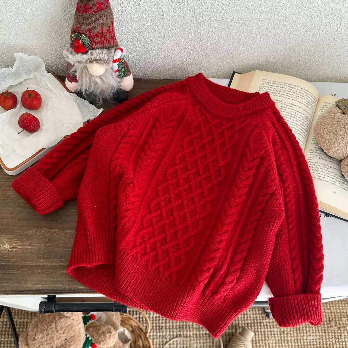 梨涡小韩自拍纯色长袖条纹韩版圆领毛衣针织衫加厚套头红色女男童