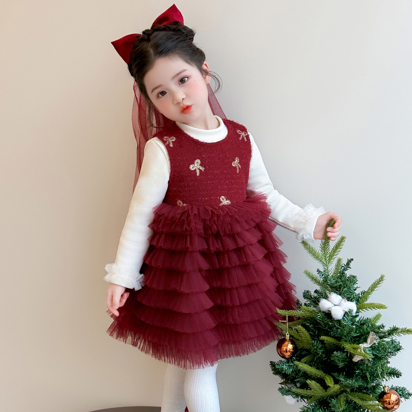 拜年服女童加绒背心裙套装秋冬款儿童公主连衣裙宝宝过年喜庆衣服