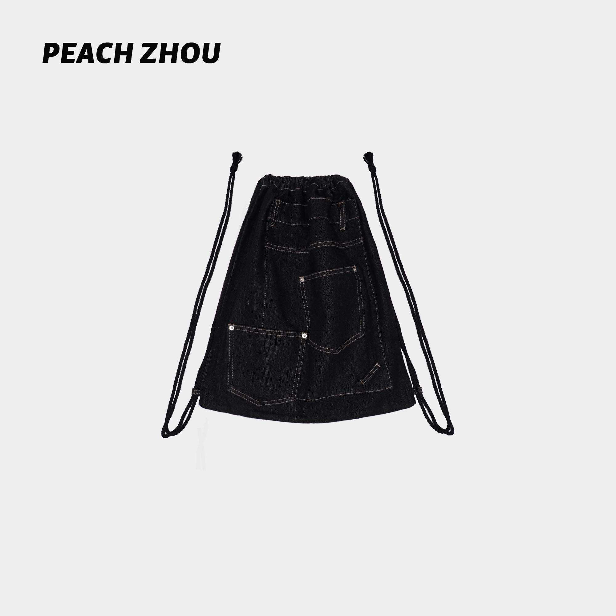 『PEACHZHOU』丹宁明线大贴袋抽绳牛仔双肩包休闲时髦设计感单肩包