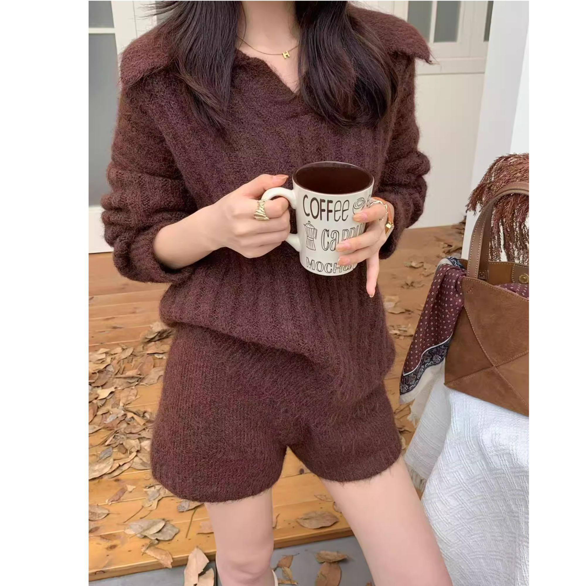 2025秋冬坑条毛衣短裤时尚套装女甜美慵懒针织百搭简约穿搭一整套