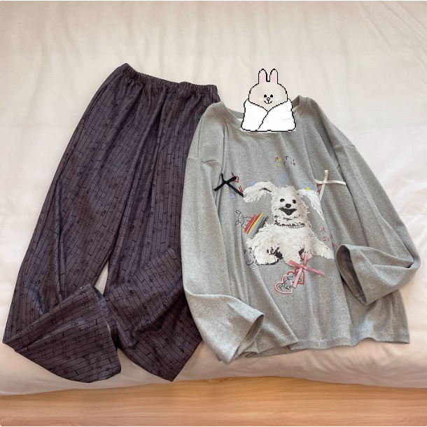 37-女士秋季蝴蝶结小狗AB搭套头家居服套装