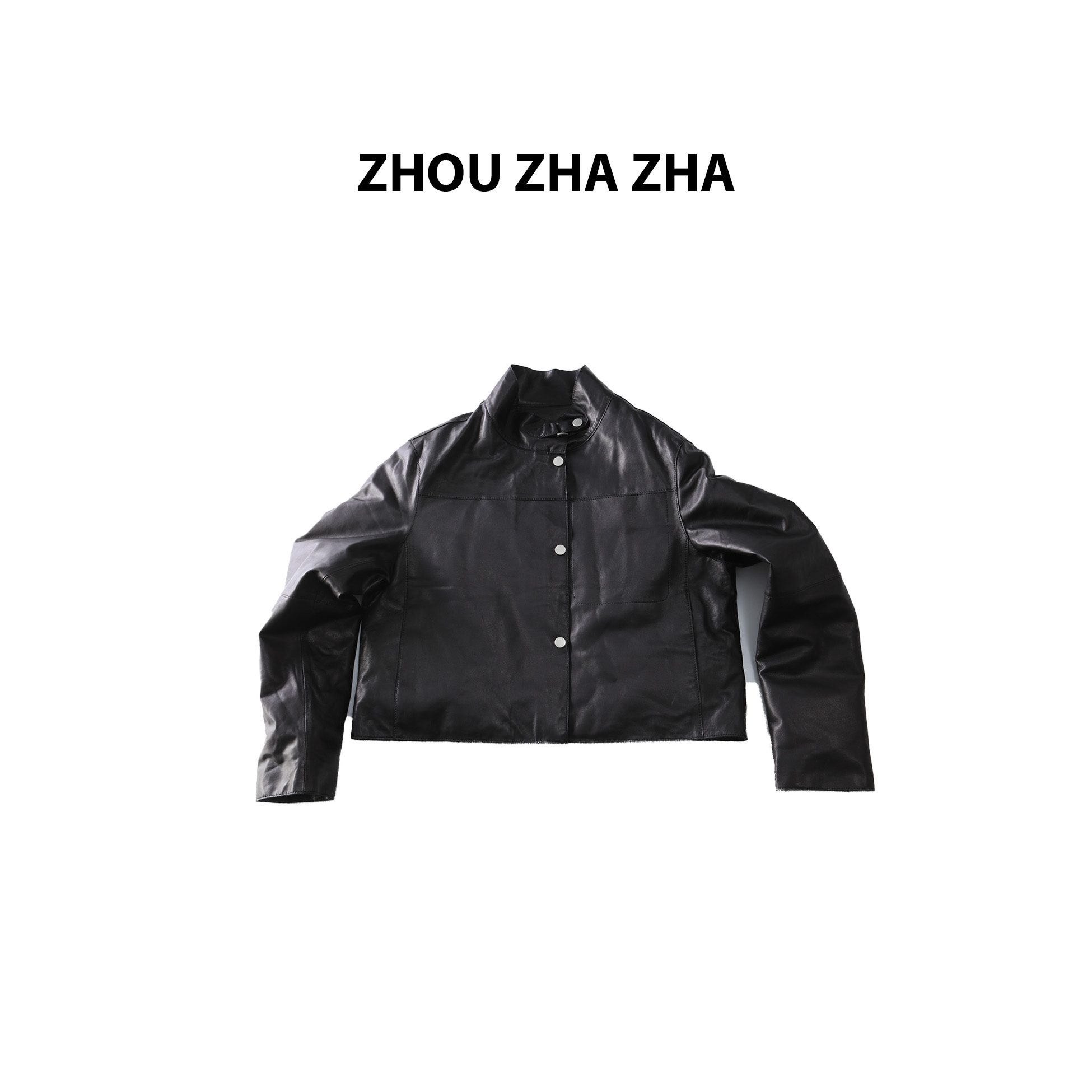 【周炸炸】全绵羊皮 暮光立领排扣白鸭羽绒皮衣外套#541798