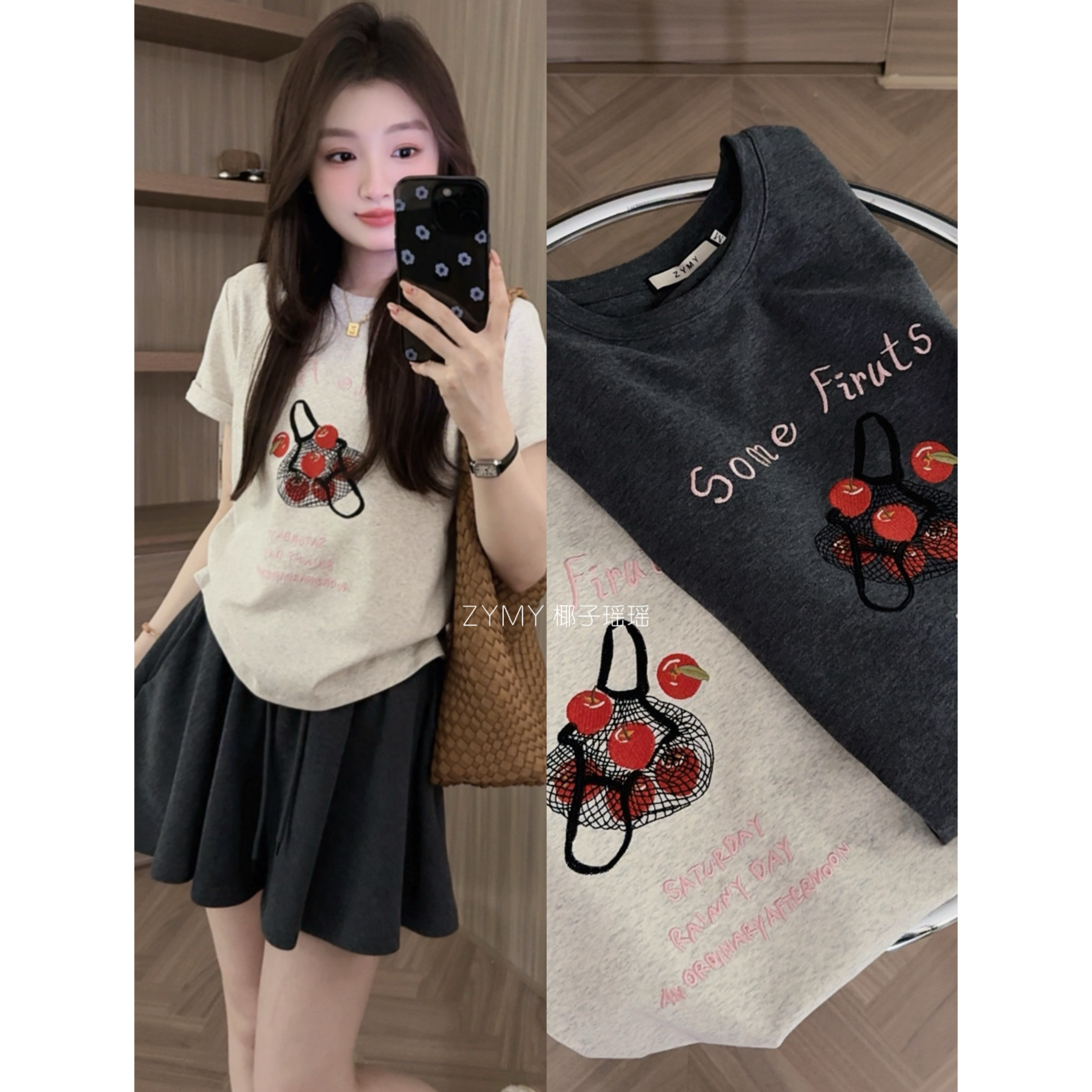 【番茄红火】版型很好的圆领正肩显瘦刺绣番茄红果透气棉T恤短袖
