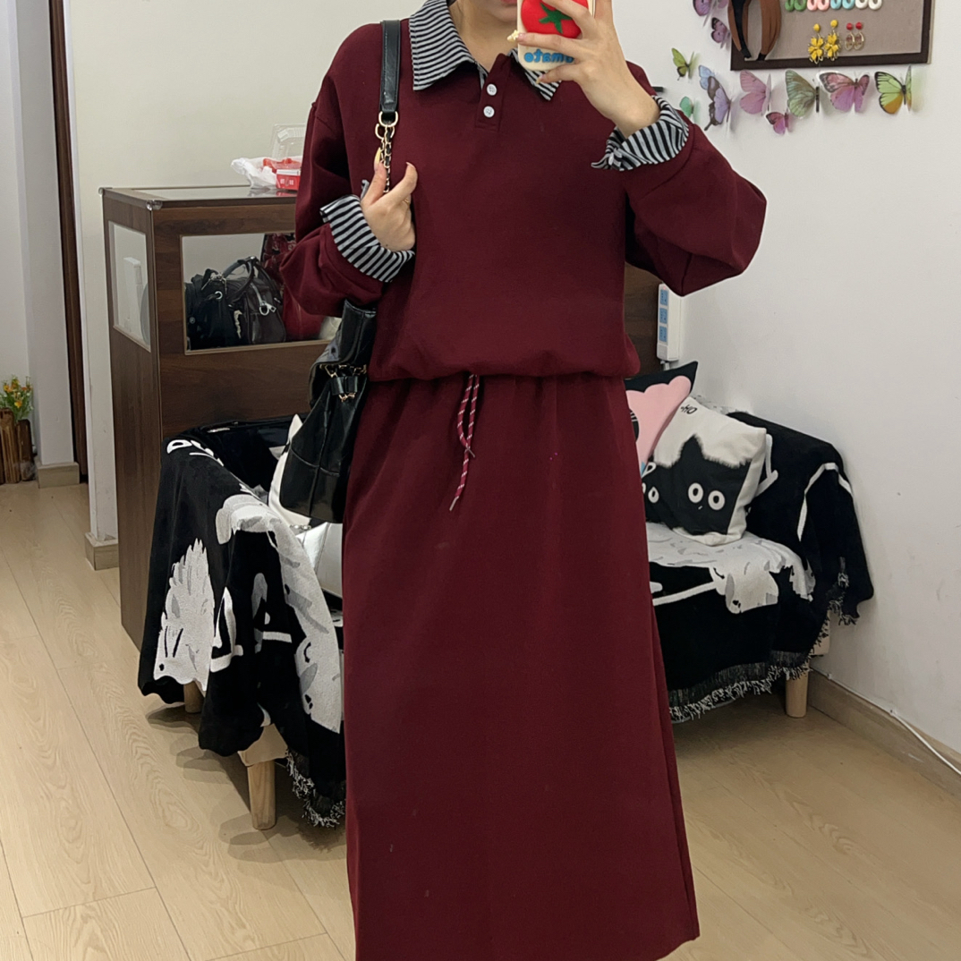 休闲风轻熟风秋冬季翻领衬衣搭配半身裙女装套装