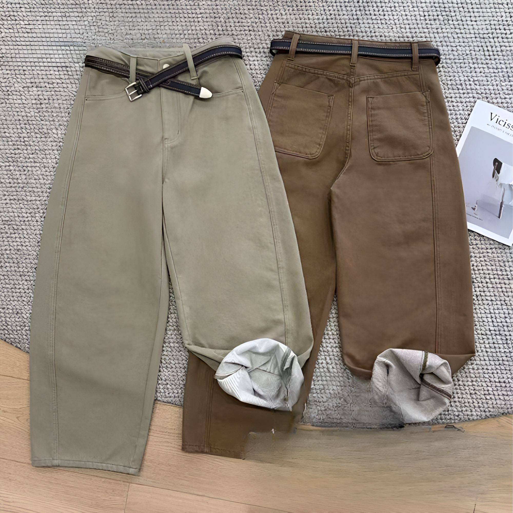 66258绿色加绒加厚植绒弯刀牛仔裤窄版弯刀裤水洗长裤时尚阔腿