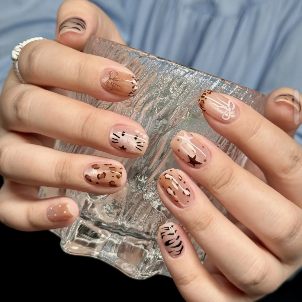 穿戴甲短梯豹纹KT短方圆爆款可爱风学生美甲片-JHA339-YWJH