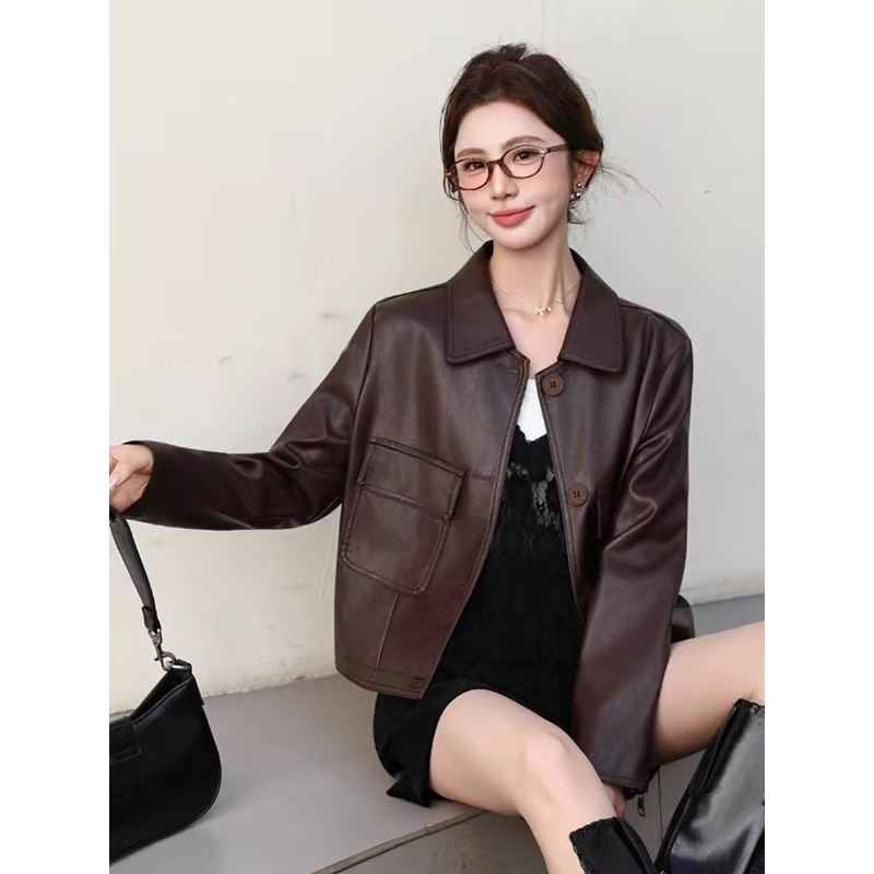 拉夏贝尔皮衣外套女款2025春秋爆款机车高级感宽松短款时髦皮夹克
