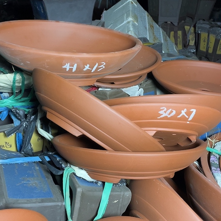 紫砂大红泥圆浅盆一套3只