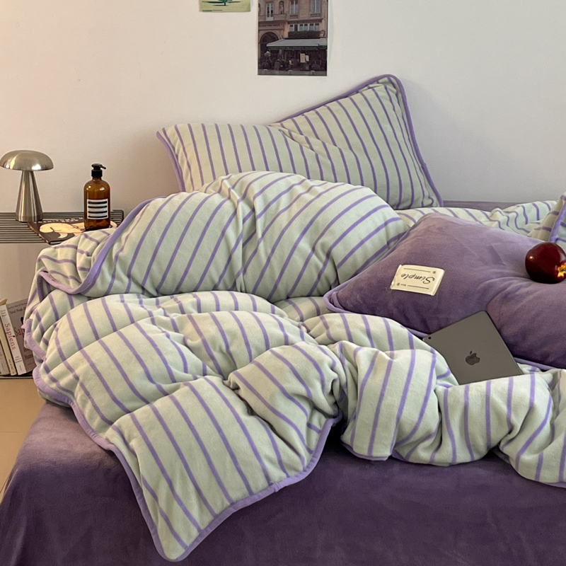 「梦皙」ins混搭韩风条纹牛奶绒保暖四件套文艺简约双面被套1.5床单