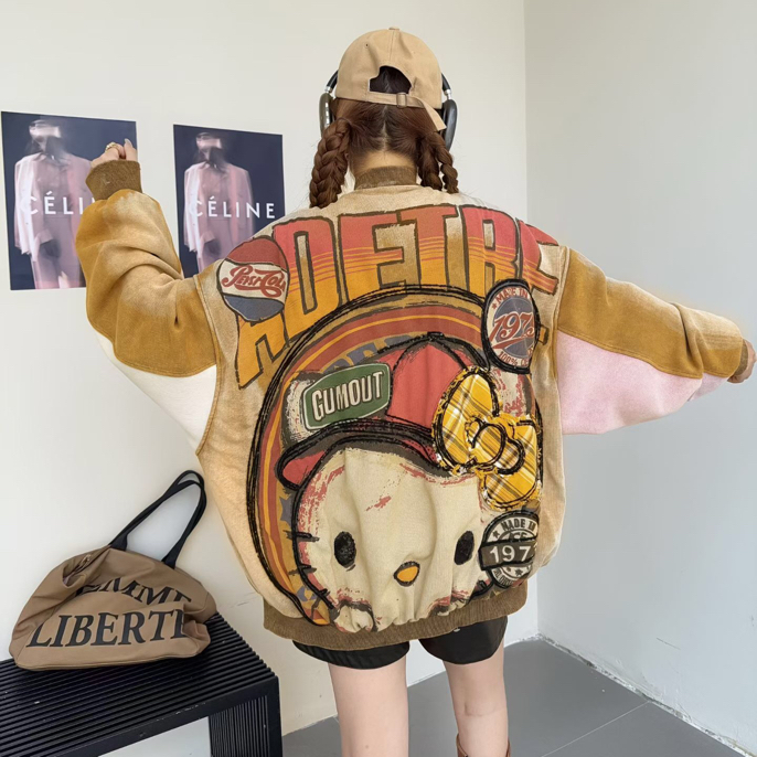 2025秋季新款撞色印花卡通图案休闲减龄棒球服外套