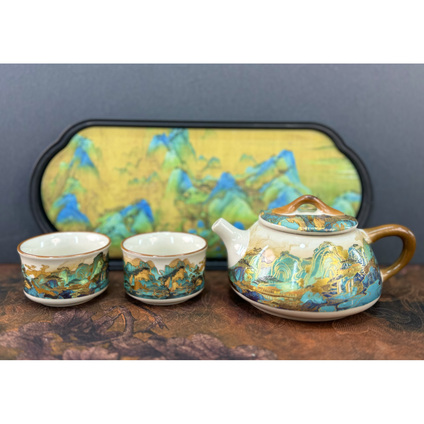 羽匠-米黄汝窑石瓢壶一壶两杯带茶盘576