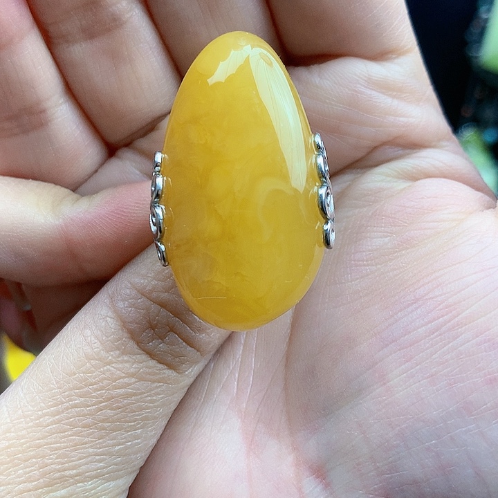 琥珀裸石银S925镶嵌戒指