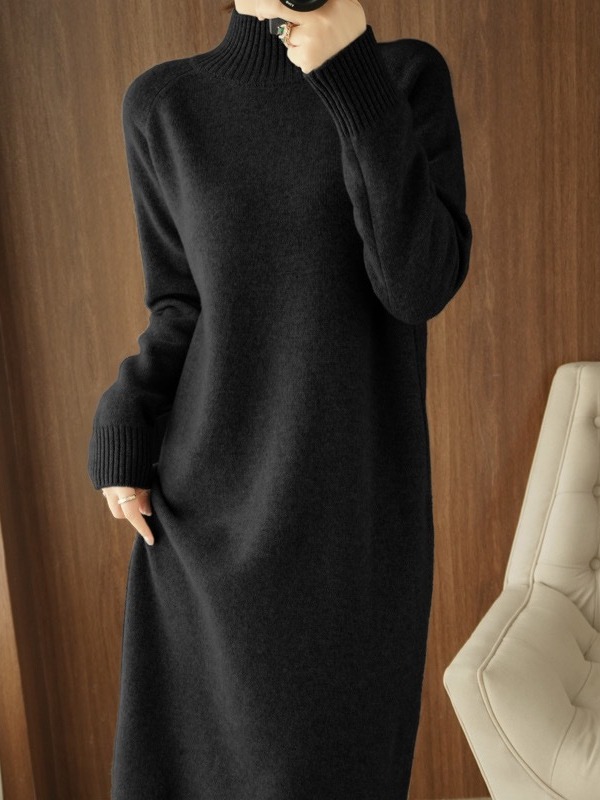 新款冬装半高领宽松慵懒风内搭过膝针织毛衣裙3047