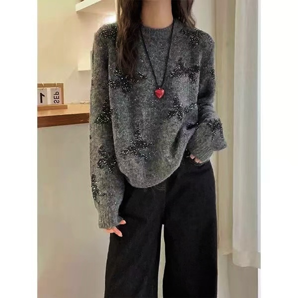 【运费补贴】秋冬亮片时尚休闲慵懒风宽松开衫单排扣毛衣圆领针织衫