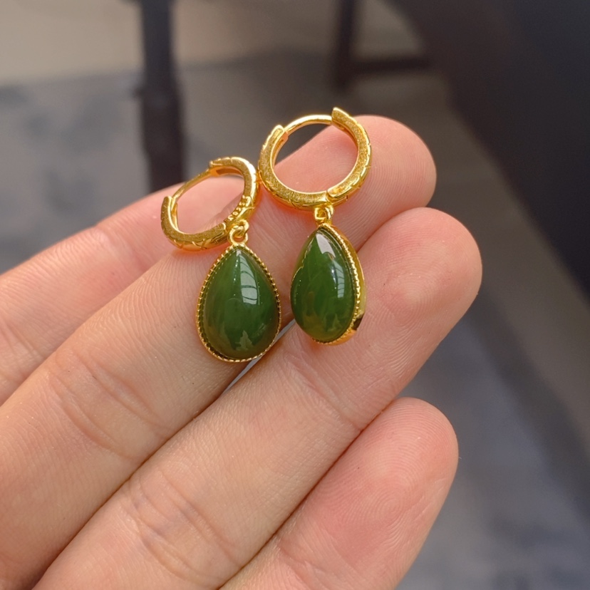 【闪购商品】和田玉耳饰银S925镀金镶嵌