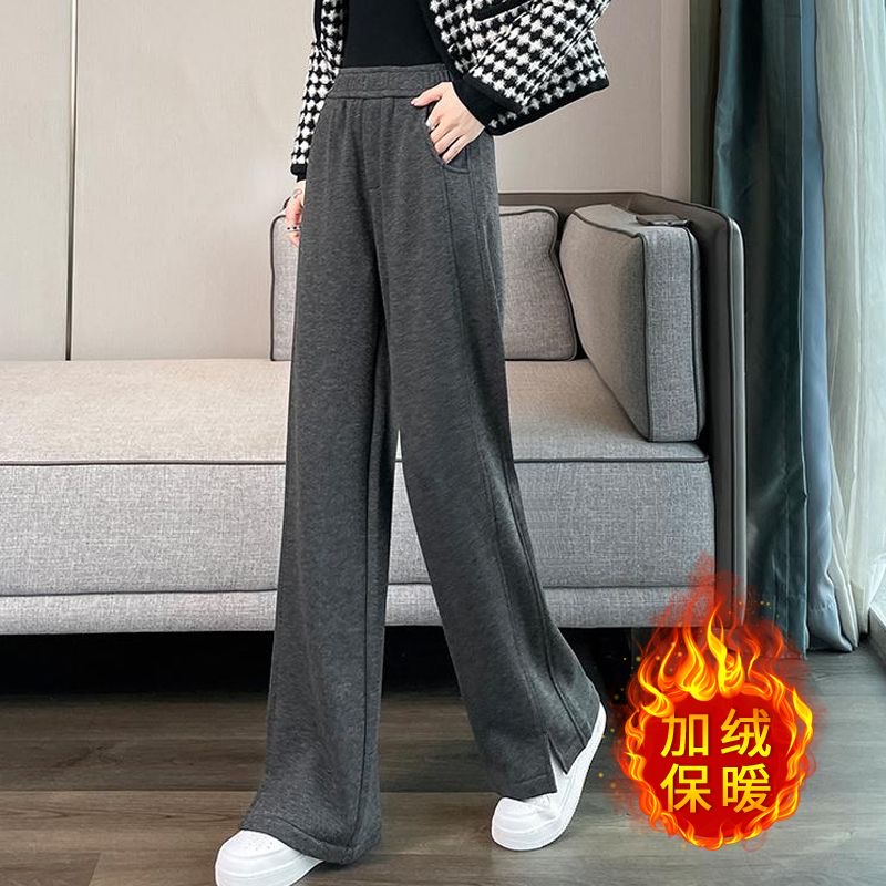 黑灰色人字纹直筒裤秋冬加绒款大码高腰显瘦休闲毛呢窄版阔腿裤女