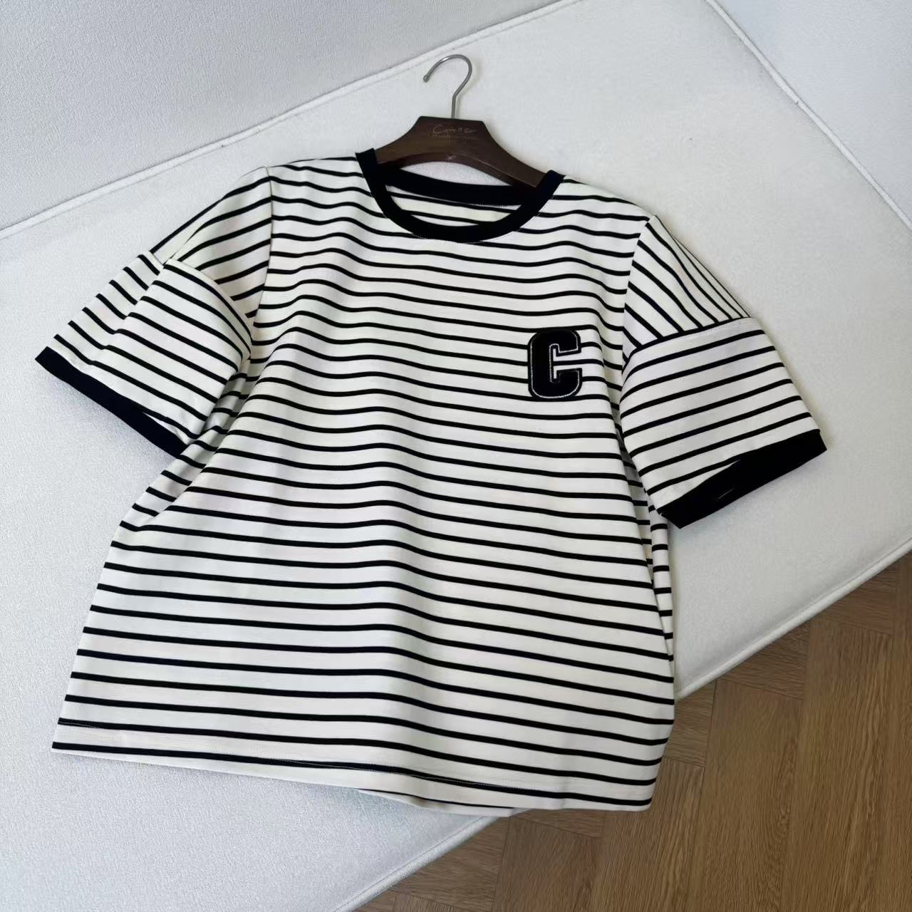 夏季条纹经典百搭高克重宽松显瘦休闲圆领短袖T恤H4256