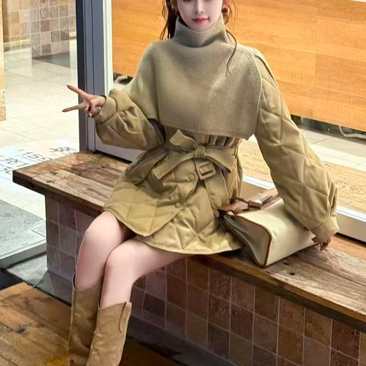 韩系针织披肩+收腰羽绒服女2025冬季新宽松中长款系带白鸭绒外套