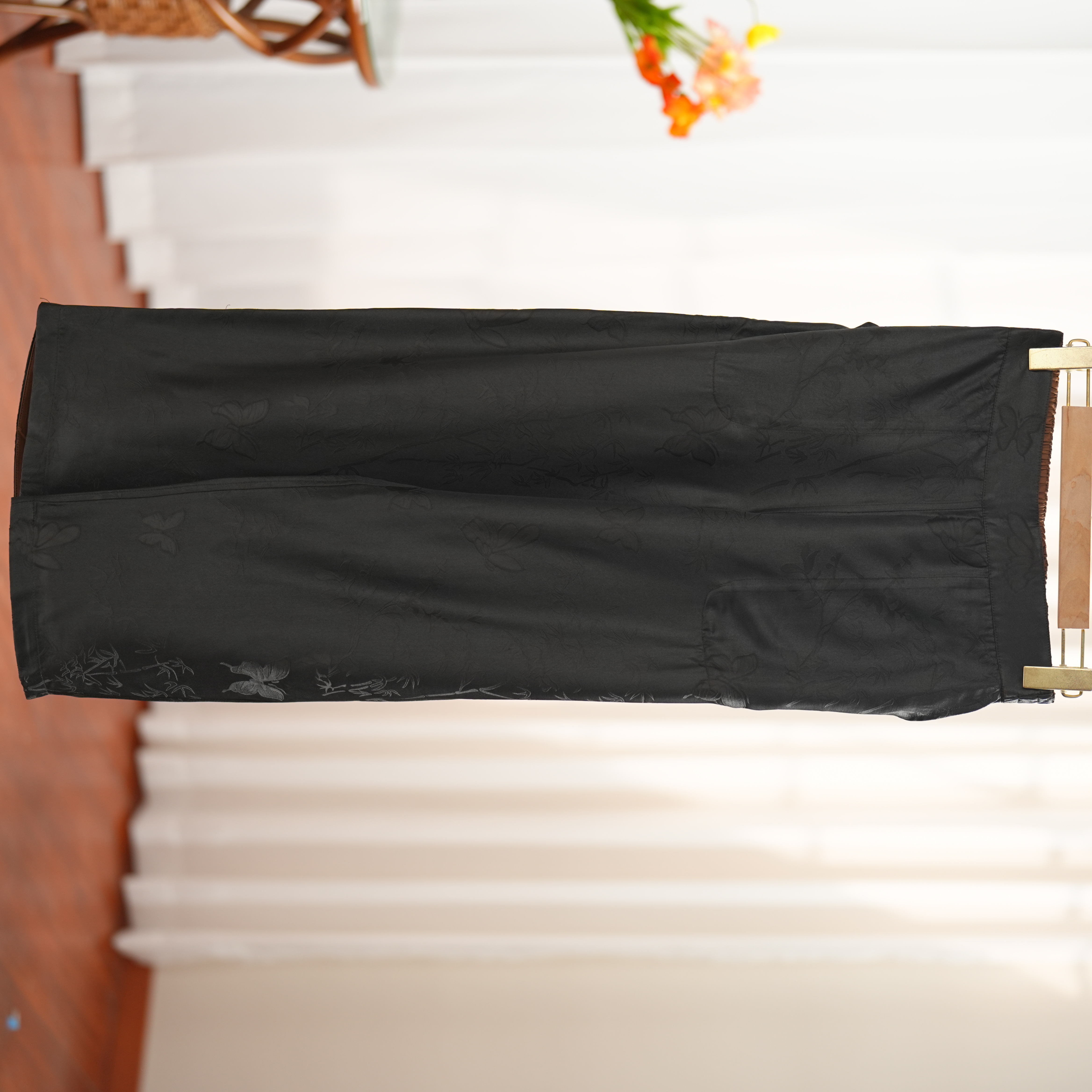 灵溪-250064新中式香云纱桑蚕丝百搭黑色宽松阔腿裤提花复古国风