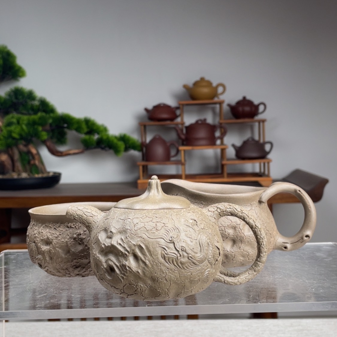 【闪购商品】紫砂茶壶木*青段龙供春三件套壶容量280cc