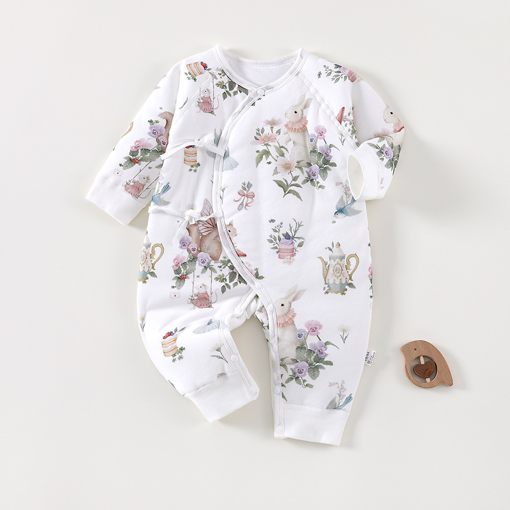 新生儿60克夹棉薄棉连体0-6个月初生宝宝系绳冬装蝴蝶衣哈衣爬服