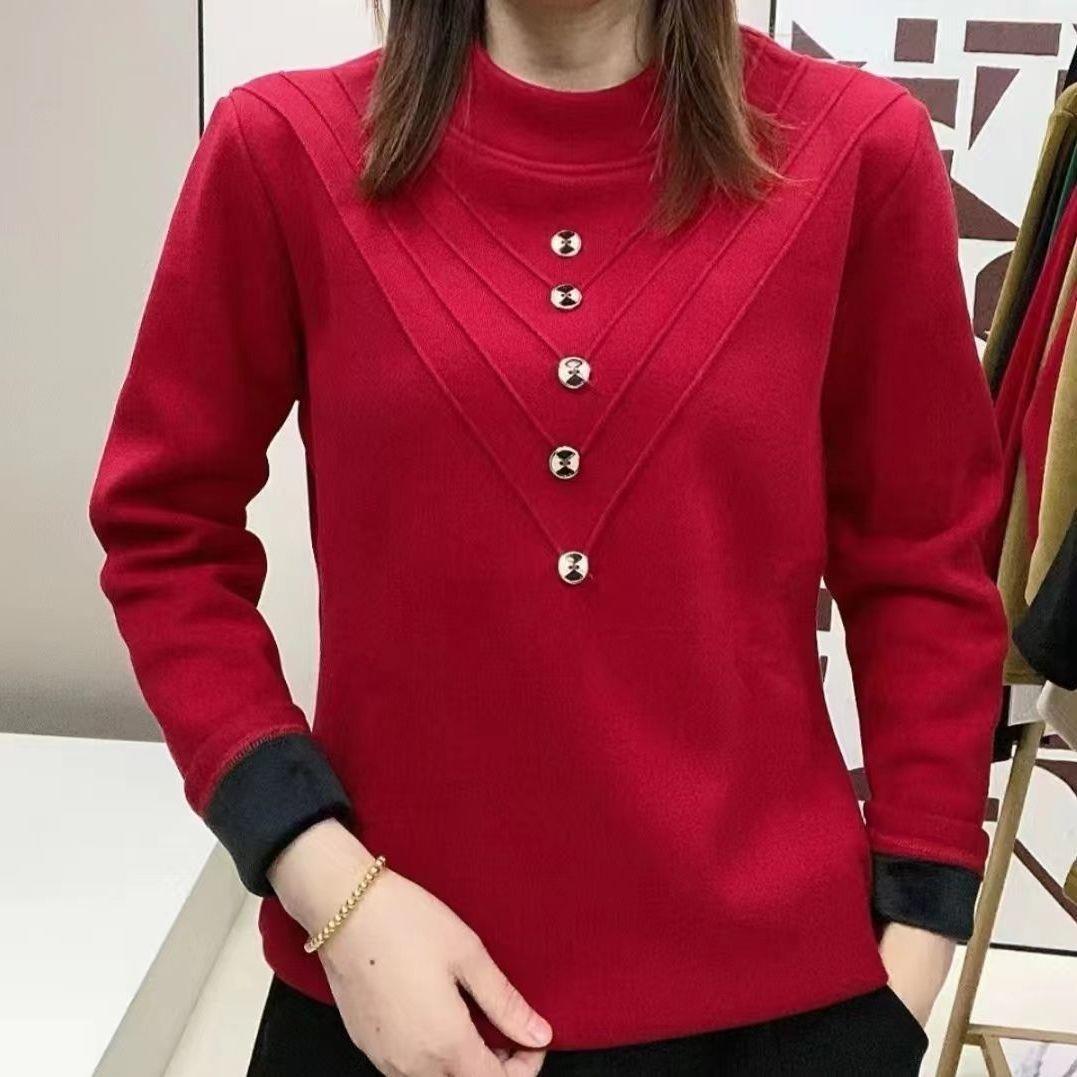 秋冬针织时尚加绒加厚半高领长袖网红洋气百搭女士显瘦打底上衣女