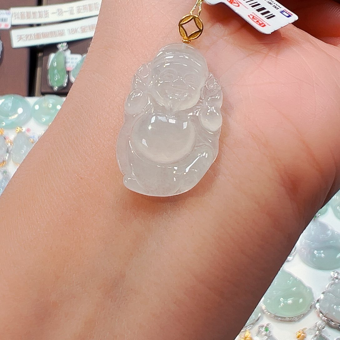 翡翠吊坠(不含链)18K金镶嵌财神爷