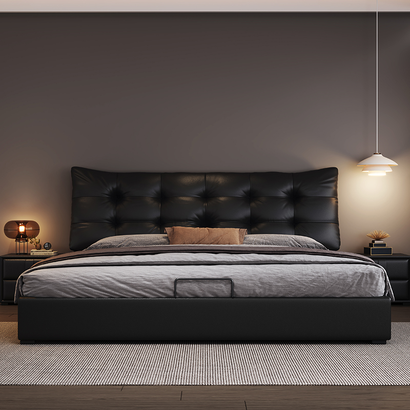 现代简约轻奢真皮床意式主卧室高端大气双人软婚床实木2米可储物