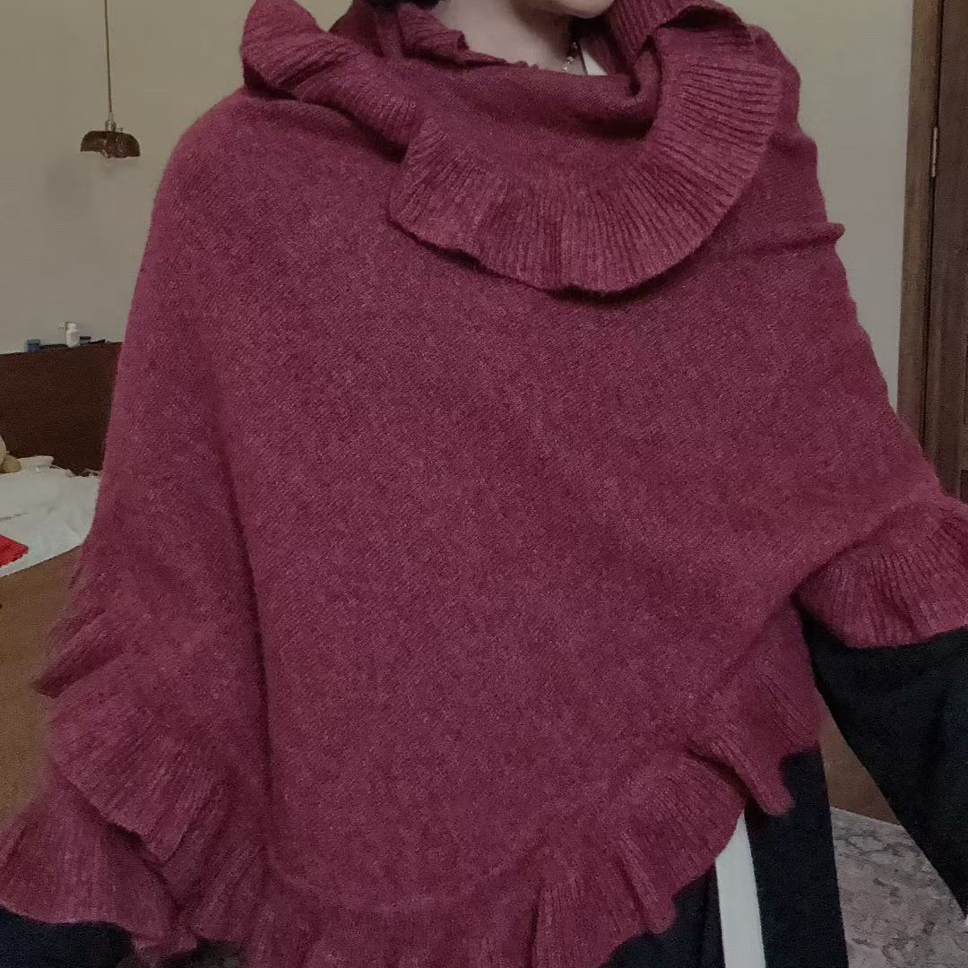 克洛/酒红色木耳边披肩针织衫羊绒