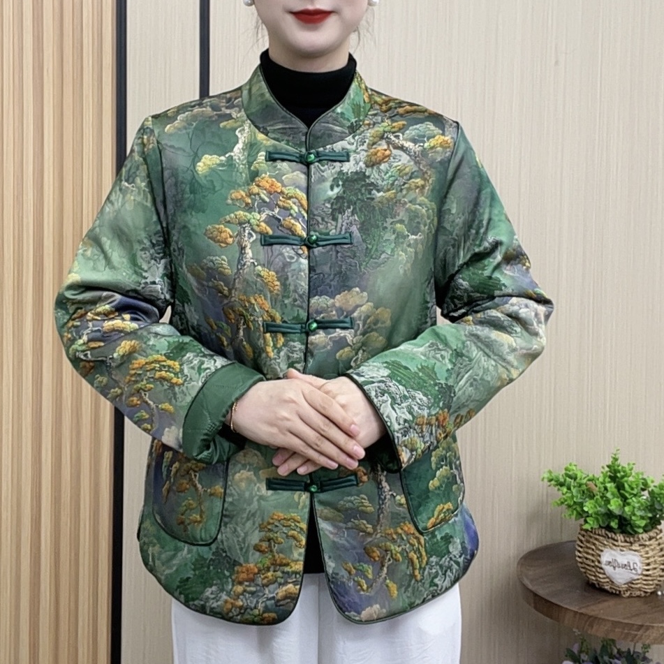 新款妈妈装长袖半高领短款中国风印花厚款外套639